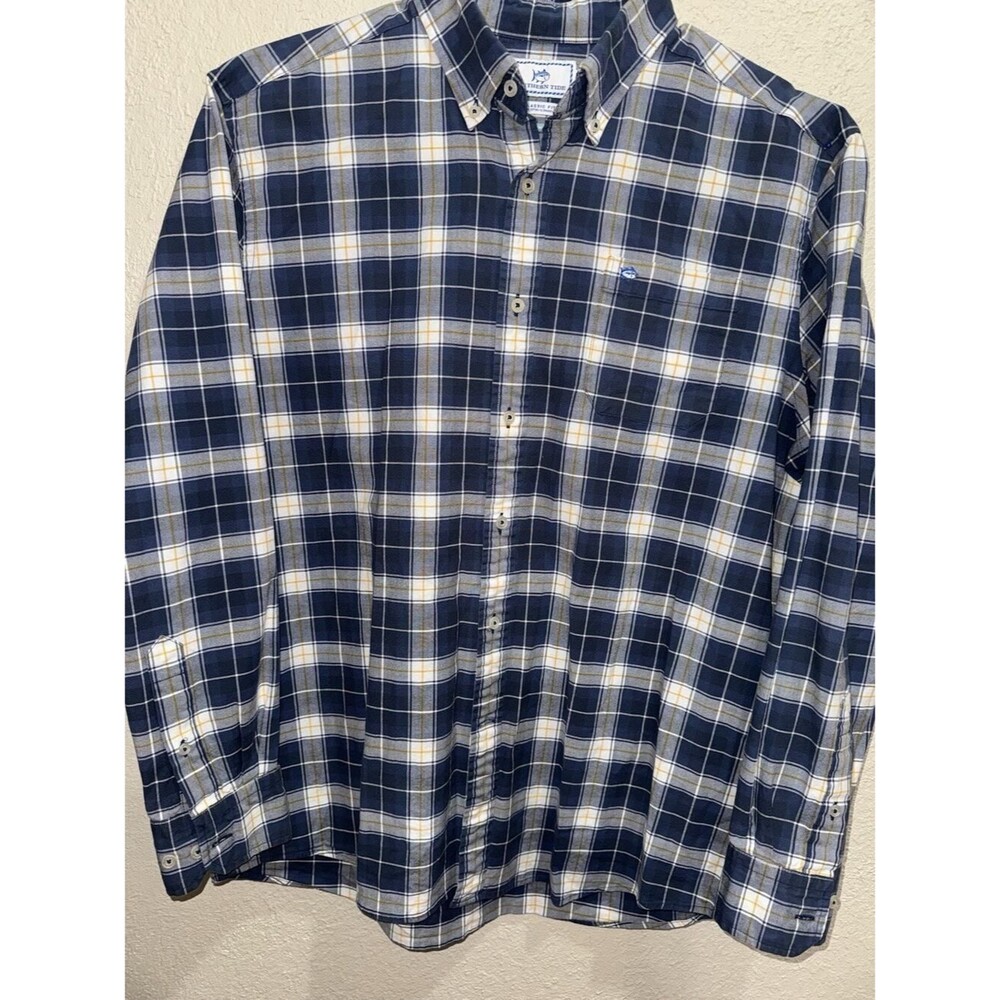 Southern Tide Men's Long Sleeve Button-Up Size Lg Navy Blue Plaid Very Nice